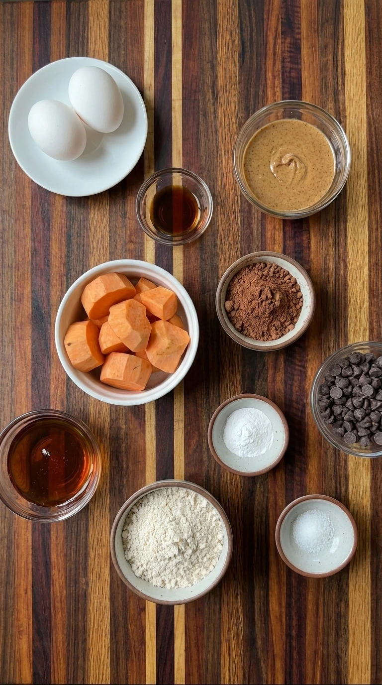 Ingredients for Sweet Potato Brownies in separate bowls