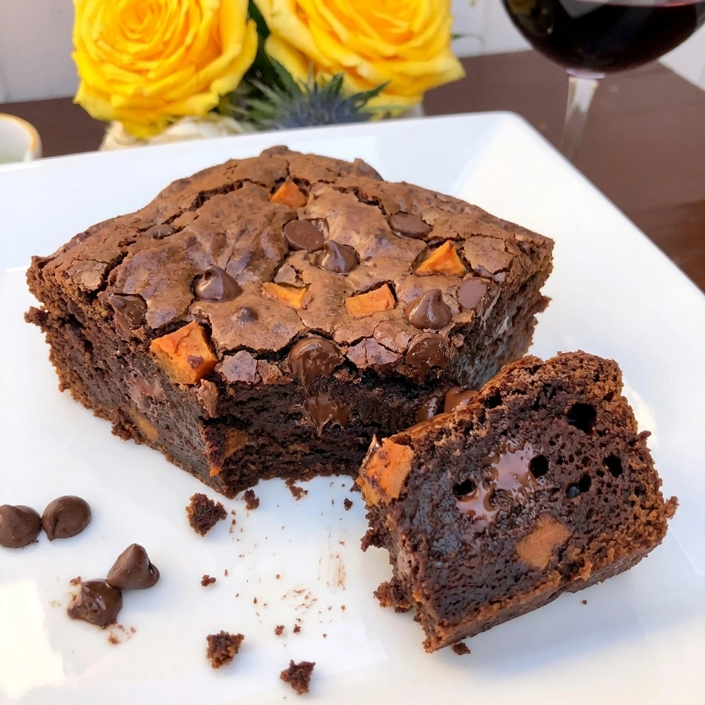 Single fudgy Sweet Potato Brownie showing chocolate interior