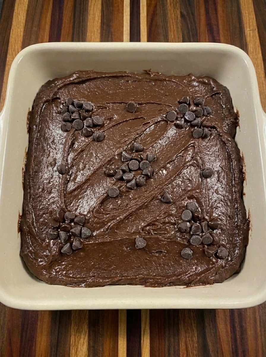 Sweet potato brownie batter spread in baking dish