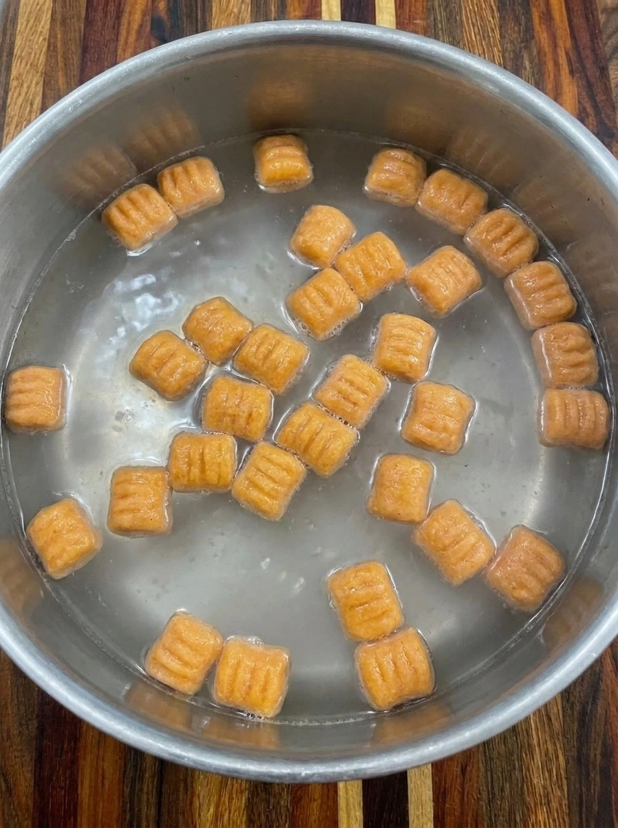 Sweet Potato Gnocchi floating in simmering water