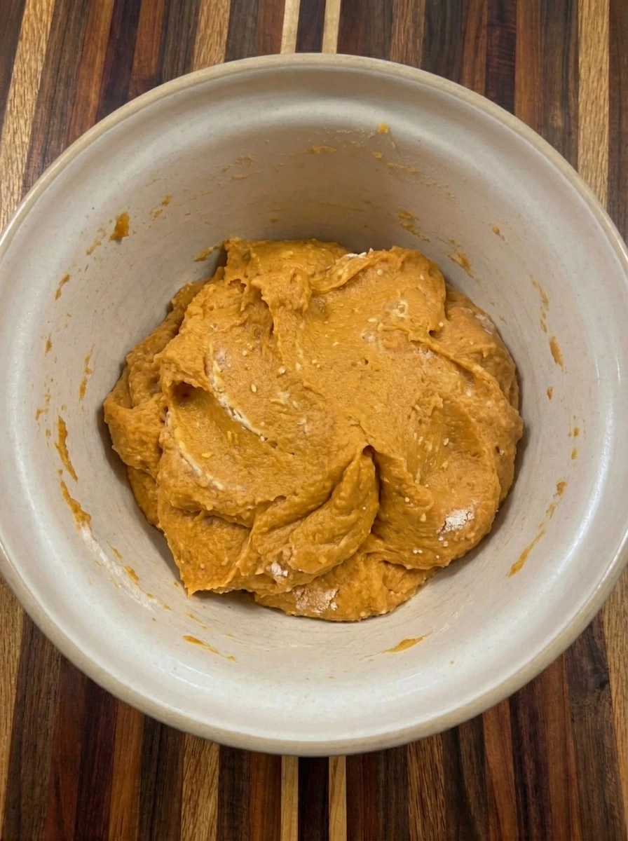 Soft orange dough mixed for Sweet Potato Gnocchi