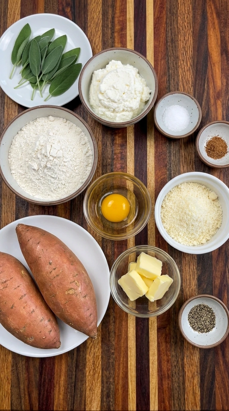 Ingredients for homemade Sweet Potato Gnocchi arranged in separate bowls