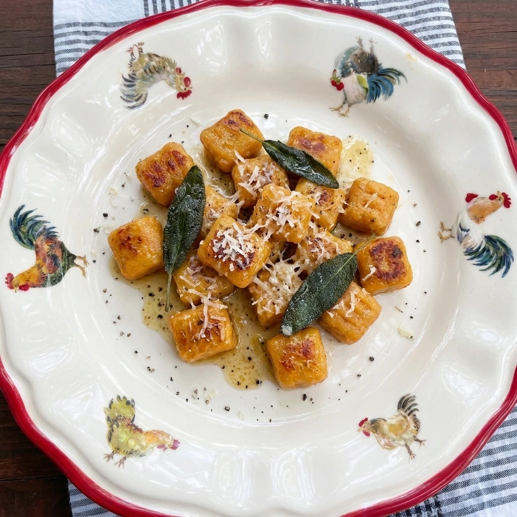 Single serving of Sweet Potato Gnocchi with sage and Parmesan