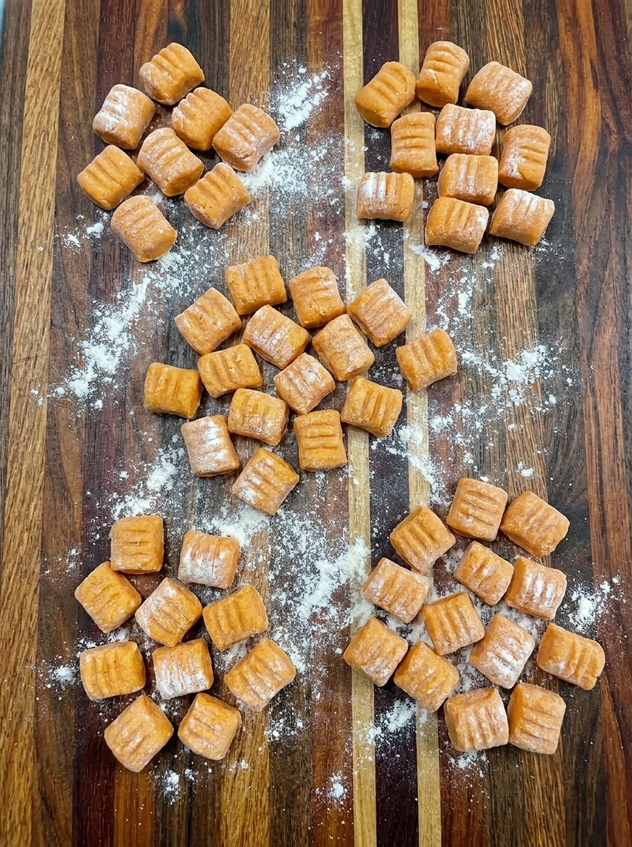 Hand cut Sweet Potato Gnocchi pieces with rustic ridges