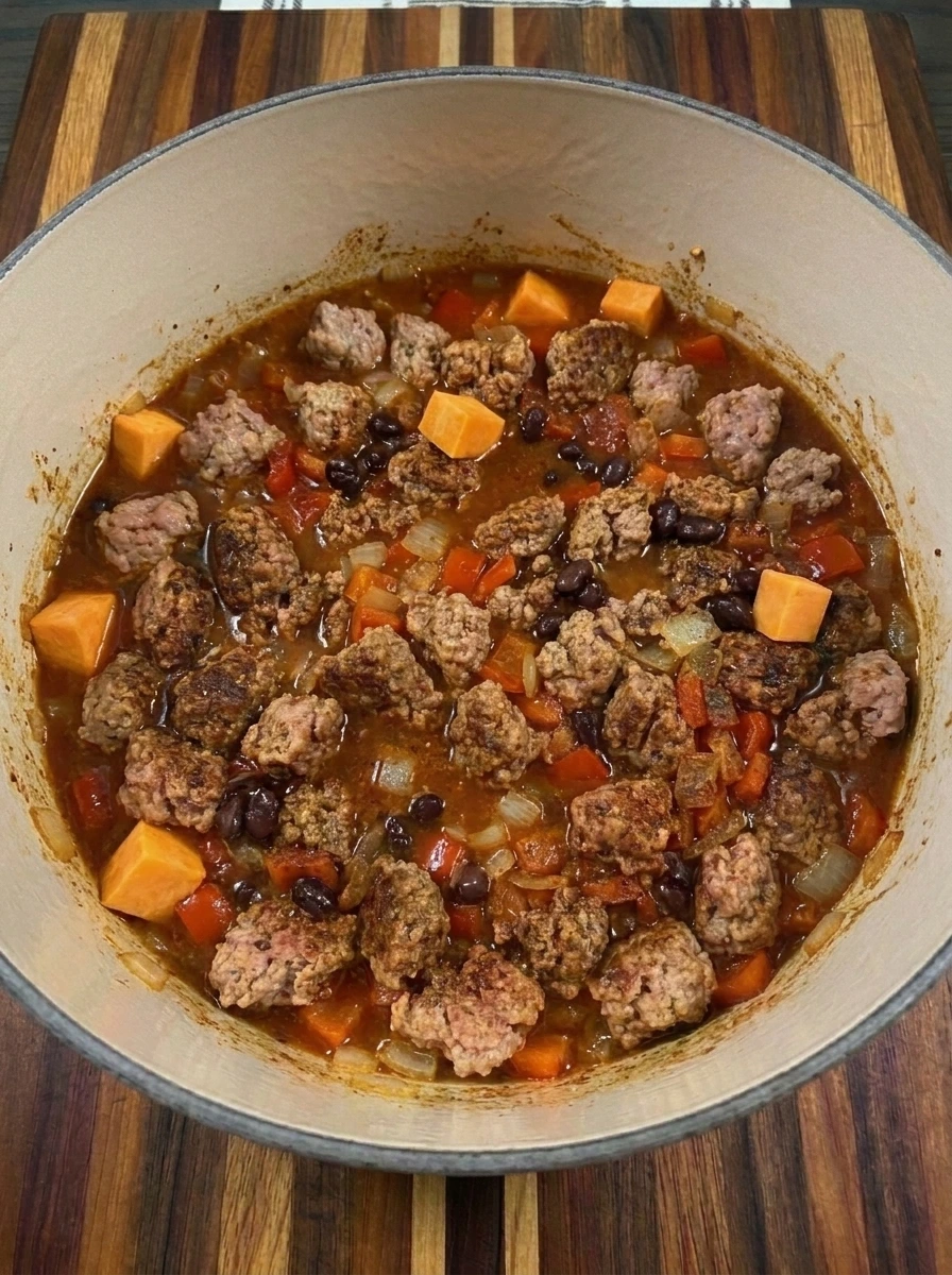 Sweet potatoes beans tomatoes and broth added to turkey chili