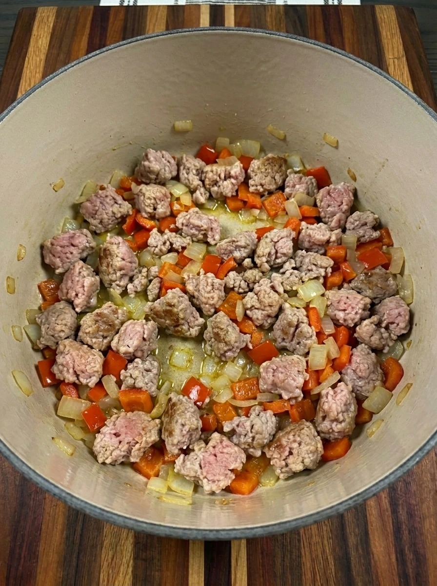 Ground turkey browning with onion and red bell pepper for Sweet Potato Turkey Chili