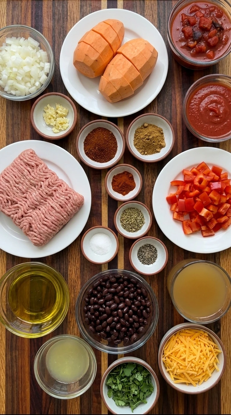 Ingredients for Sweet Potato Turkey Chili arranged in separate small containers