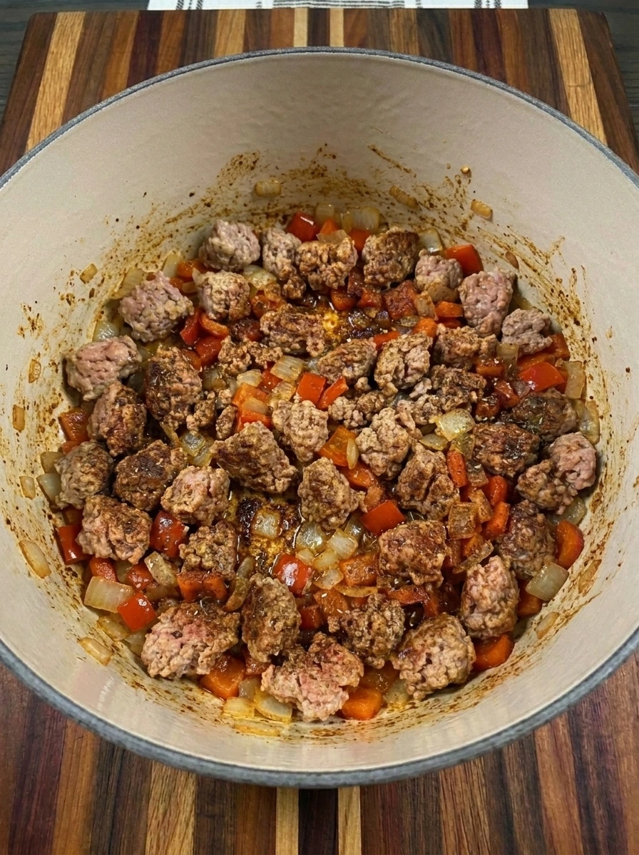 Seasoned turkey chili base with garlic and spices