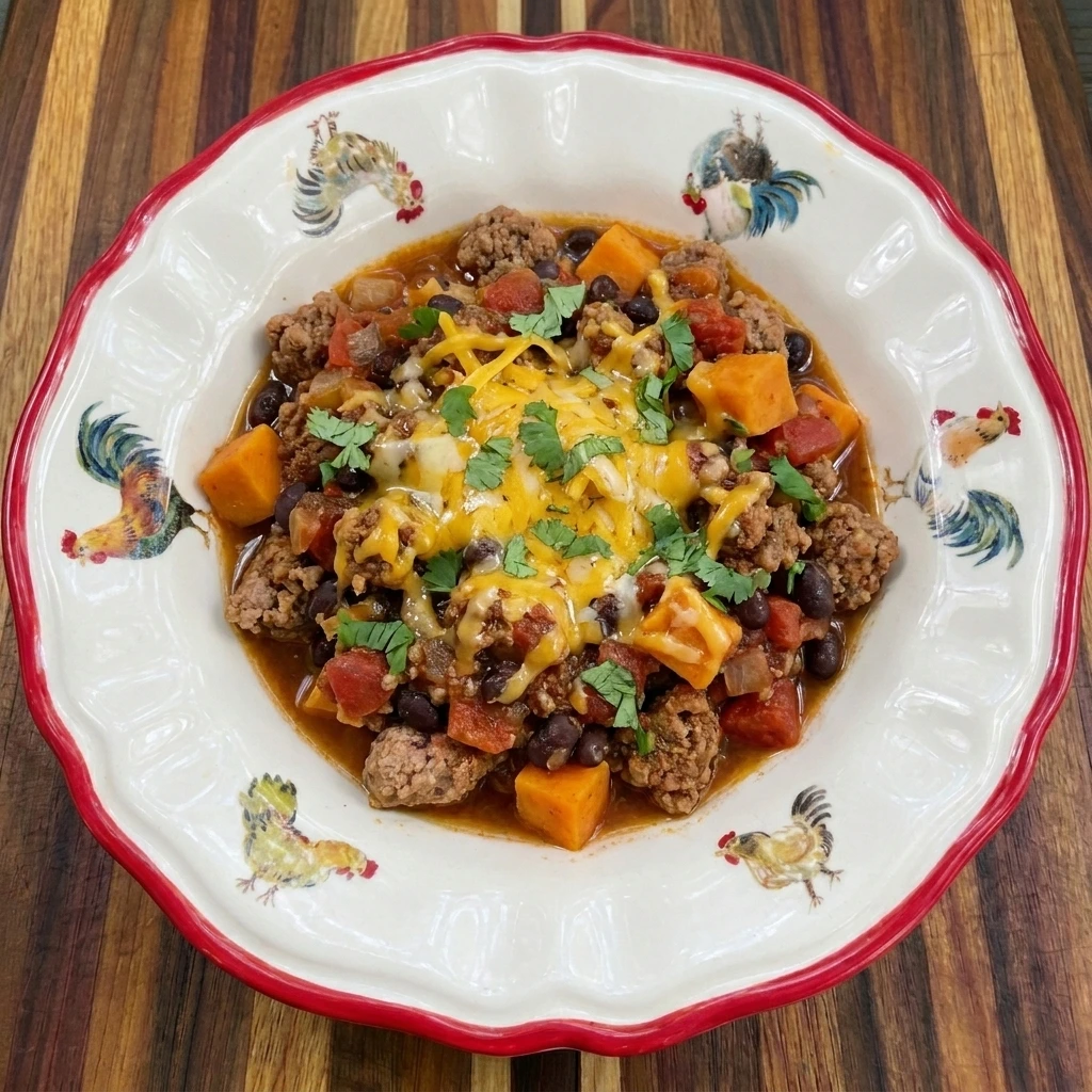 Finished Sweet Potato Turkey Chili served with melted cheddar and cilantro