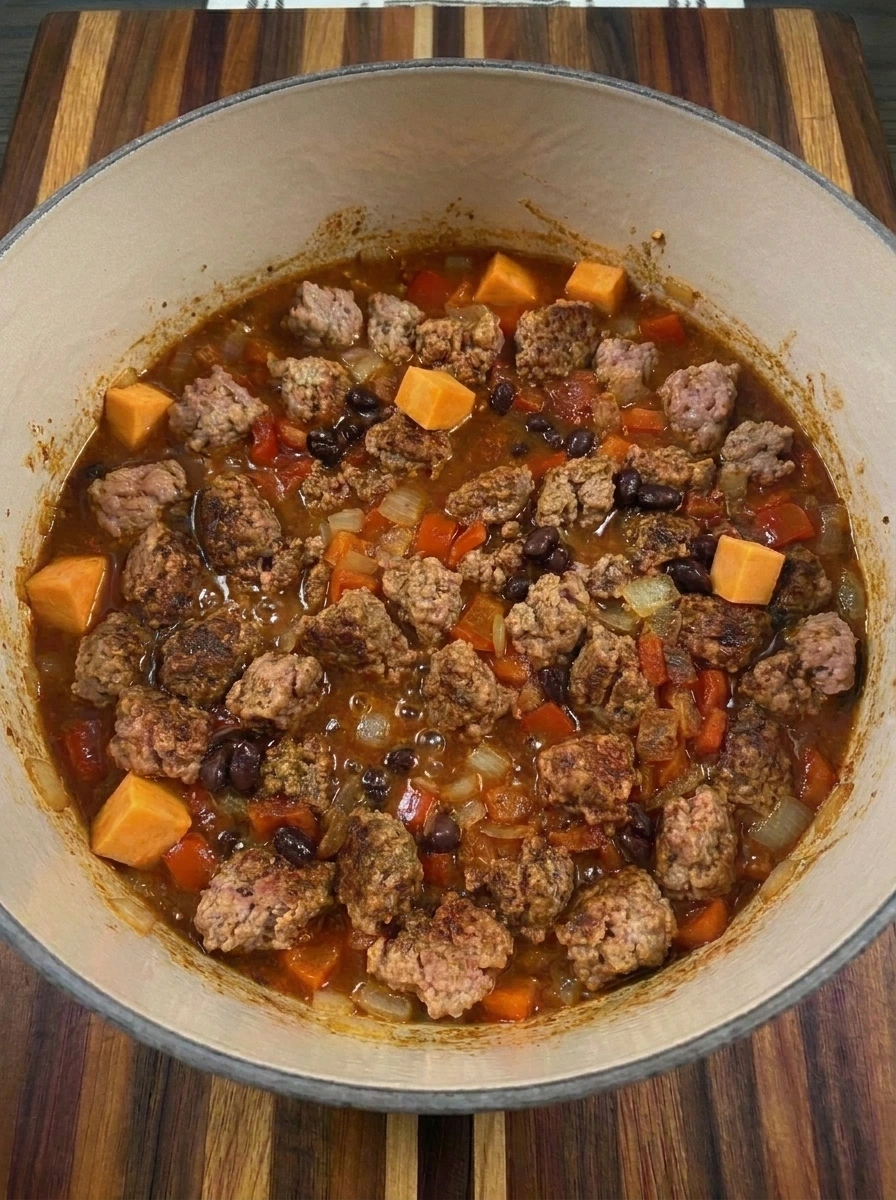 Sweet Potato Turkey Chili simmering until thick with tender sweet potatoes