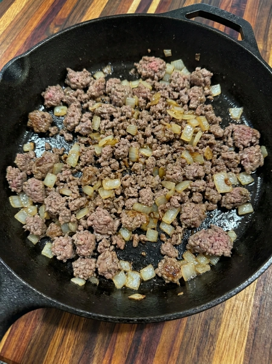 Ground beef and onion browned for Taco Stuffed Mini Peppers