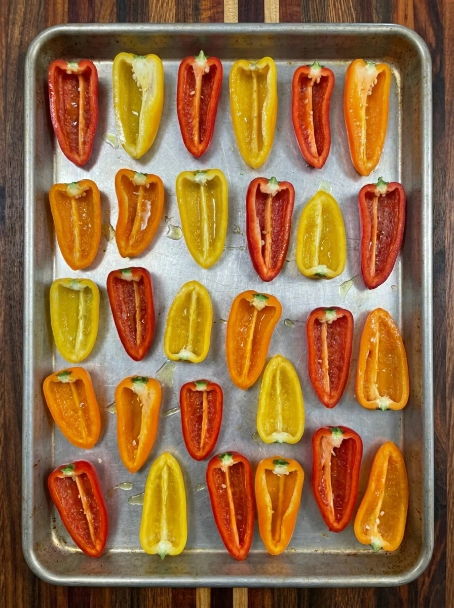 Halved mini sweet peppers arranged for Taco Stuffed Mini Peppers