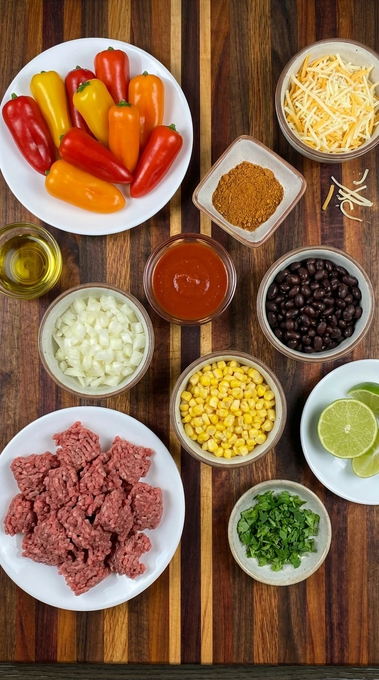 Ingredients for Taco Stuffed Mini Peppers in separate containers