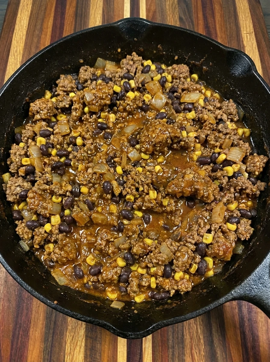 Thick taco filling with beef beans and corn