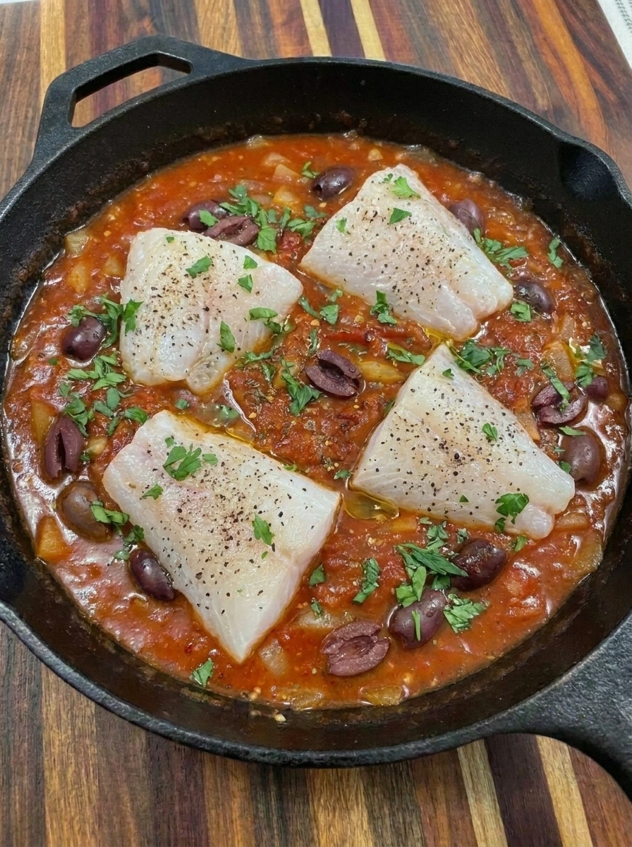 Fully cooked Tomato Braised Fish with flaky fillets and parsley