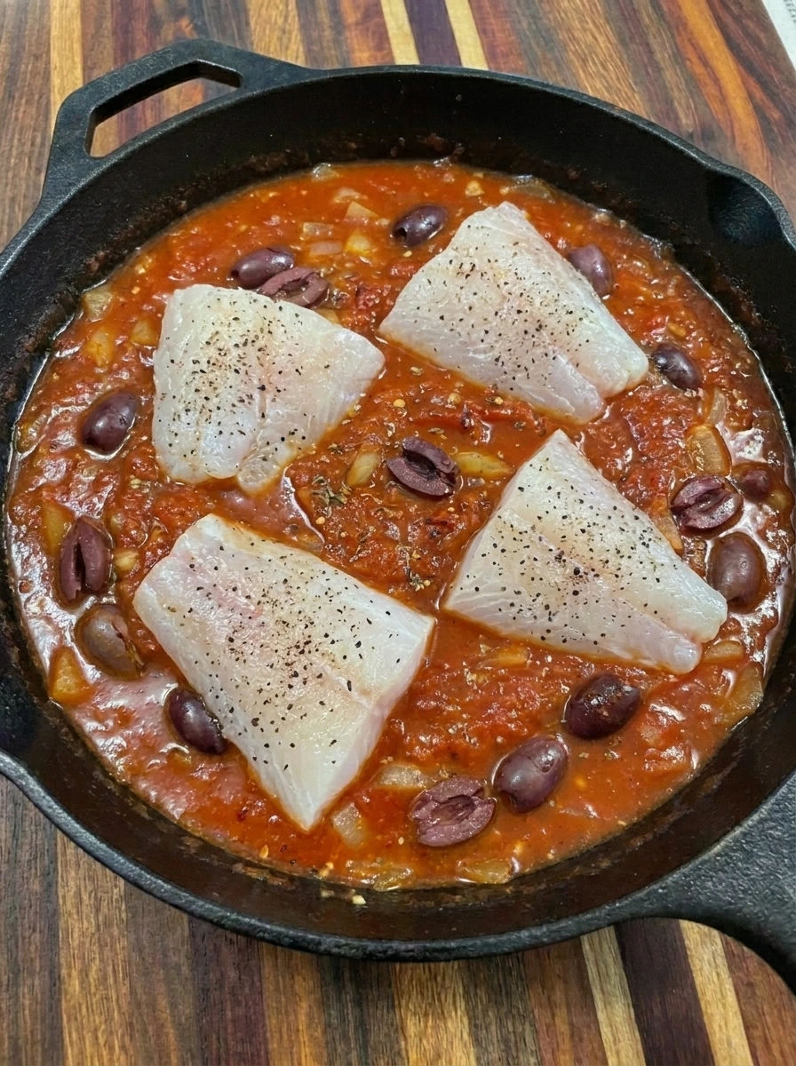 Four white fish fillets nestled in tomato sauce before braising