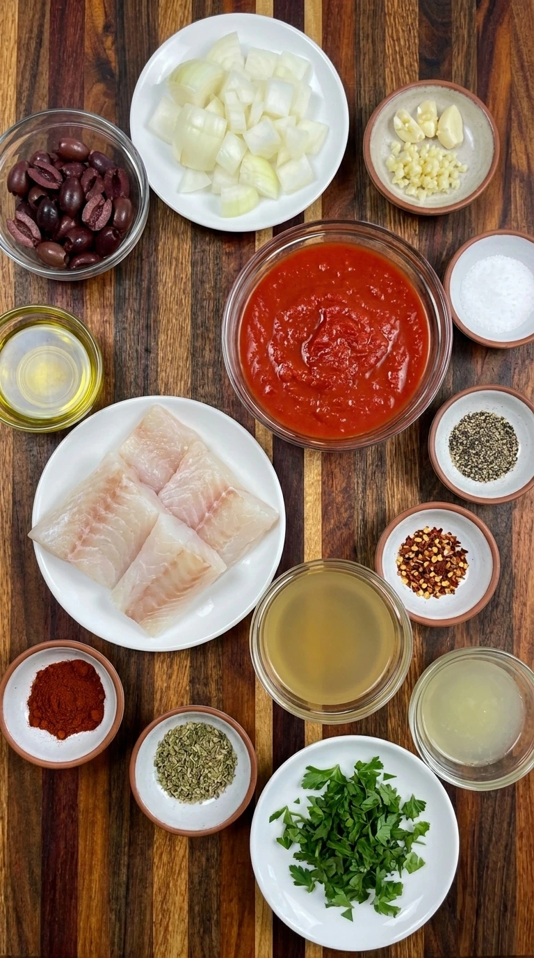 Ingredients for Tomato Braised Fish arranged in separate small containers