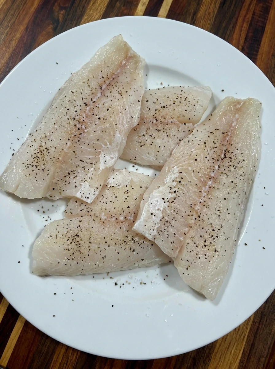 Four raw white fish fillets seasoned for Tomato Braised Fish