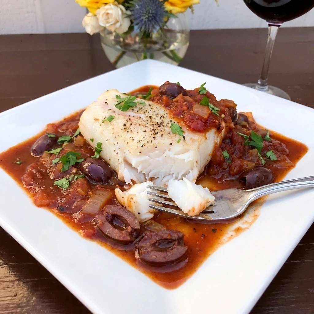 Single serving of Tomato Braised Fish showing moist flaky interior