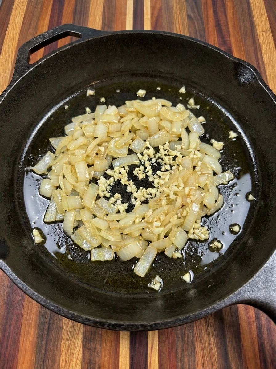 Softened onion and garlic for Tomato Braised Fish sauce