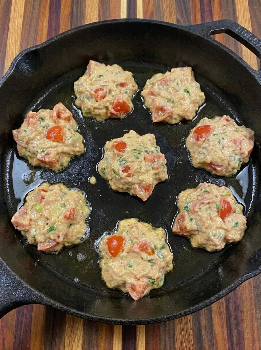 Tomato Fritters browning on the first side in a skillet