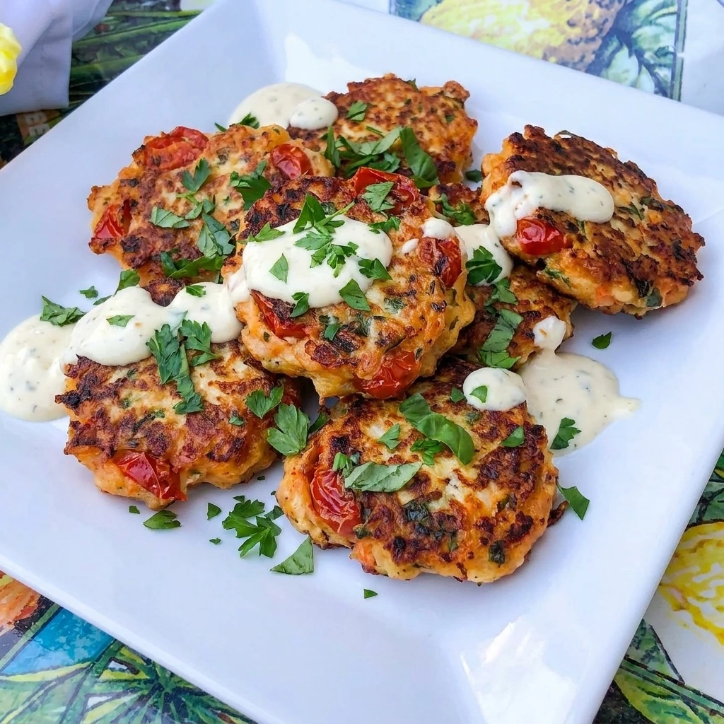 Golden Tomato Fritters with Parmesan herbs and lemon yogurt sauce