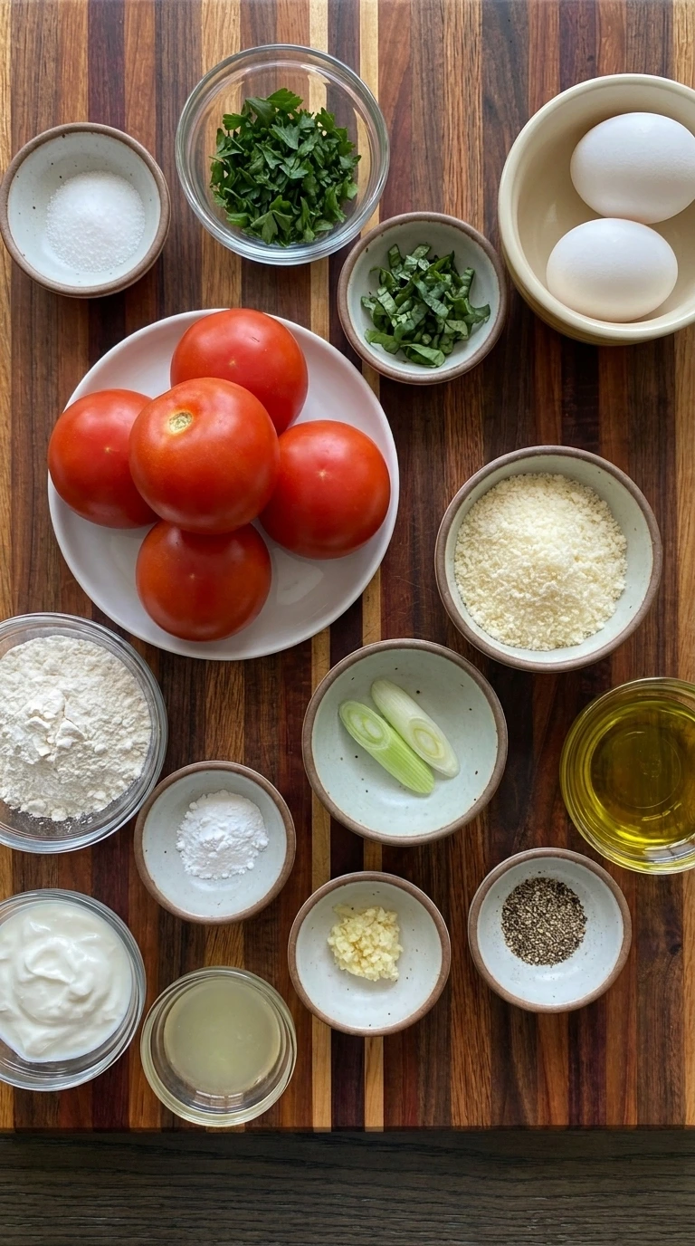 Ingredients for Tomato Fritters arranged in separate small containers