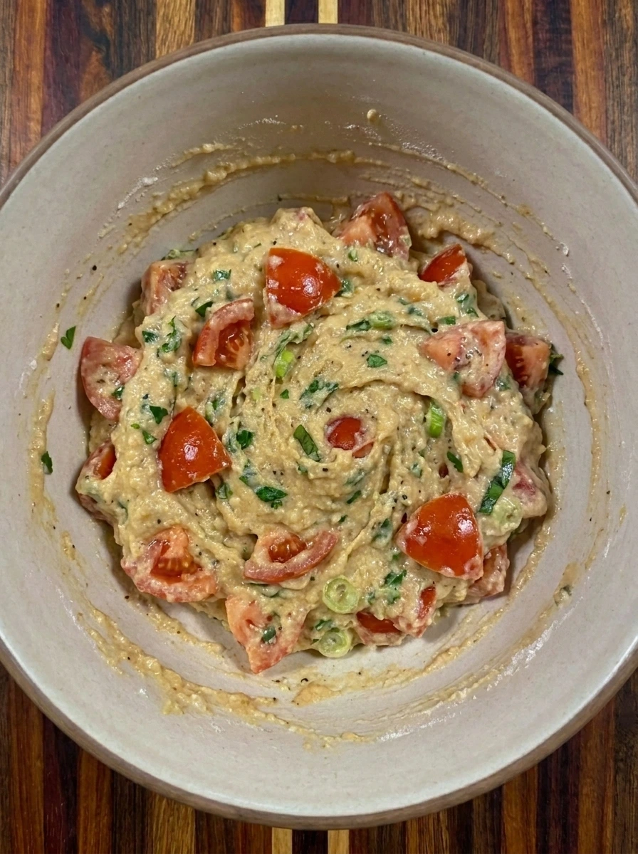 Thick Tomato Fritter batter with Parmesan and fresh herbs