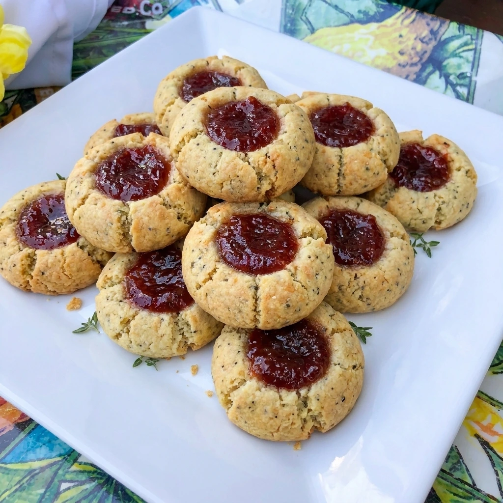 Homemade Tomato Jam Thumbprint Cookies with glossy red centers
