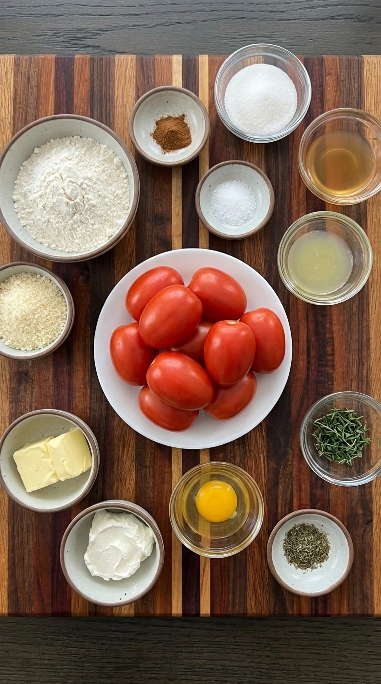 Ingredients for Tomato Jam Thumbprint Cookies in separate bowls
