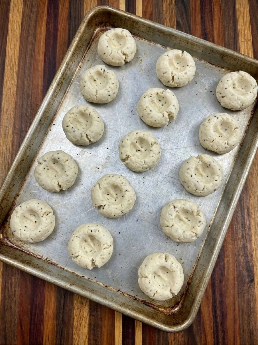 Sixteen savory cookie dough balls shaped with thumbprint wells