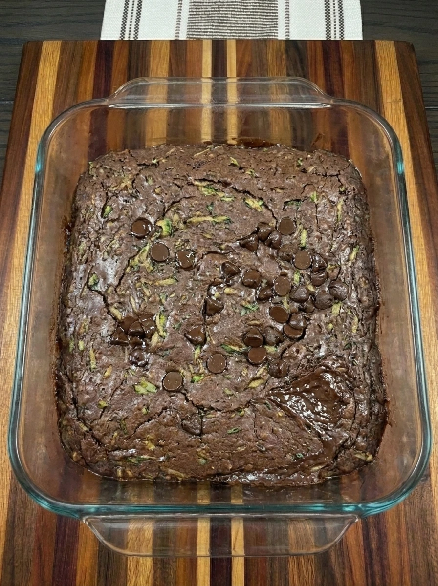 Freshly baked Zucchini Brownies with crackled tops