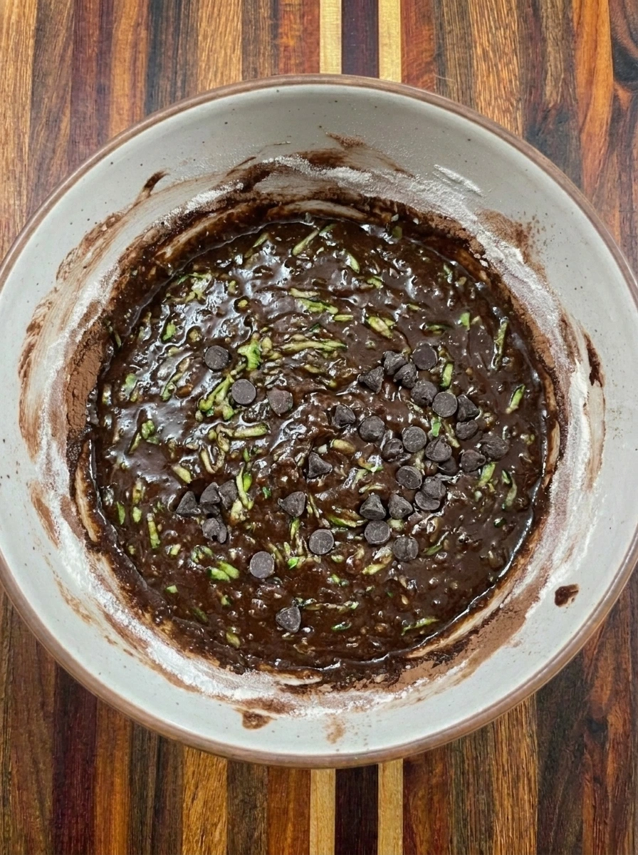 Grated zucchini and chocolate chips folded into brownie batter