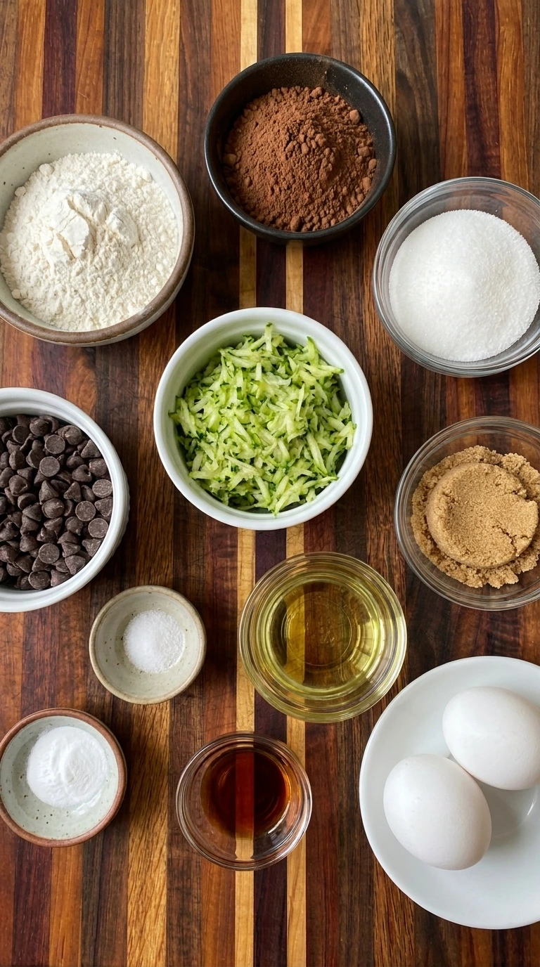 Measured ingredients for homemade Zucchini Brownies in separate bowls