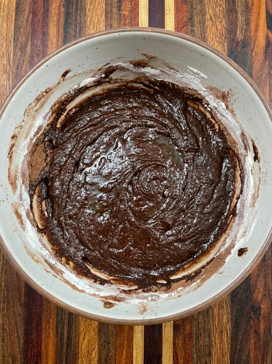 Dark cocoa batter mixed for Zucchini Brownies