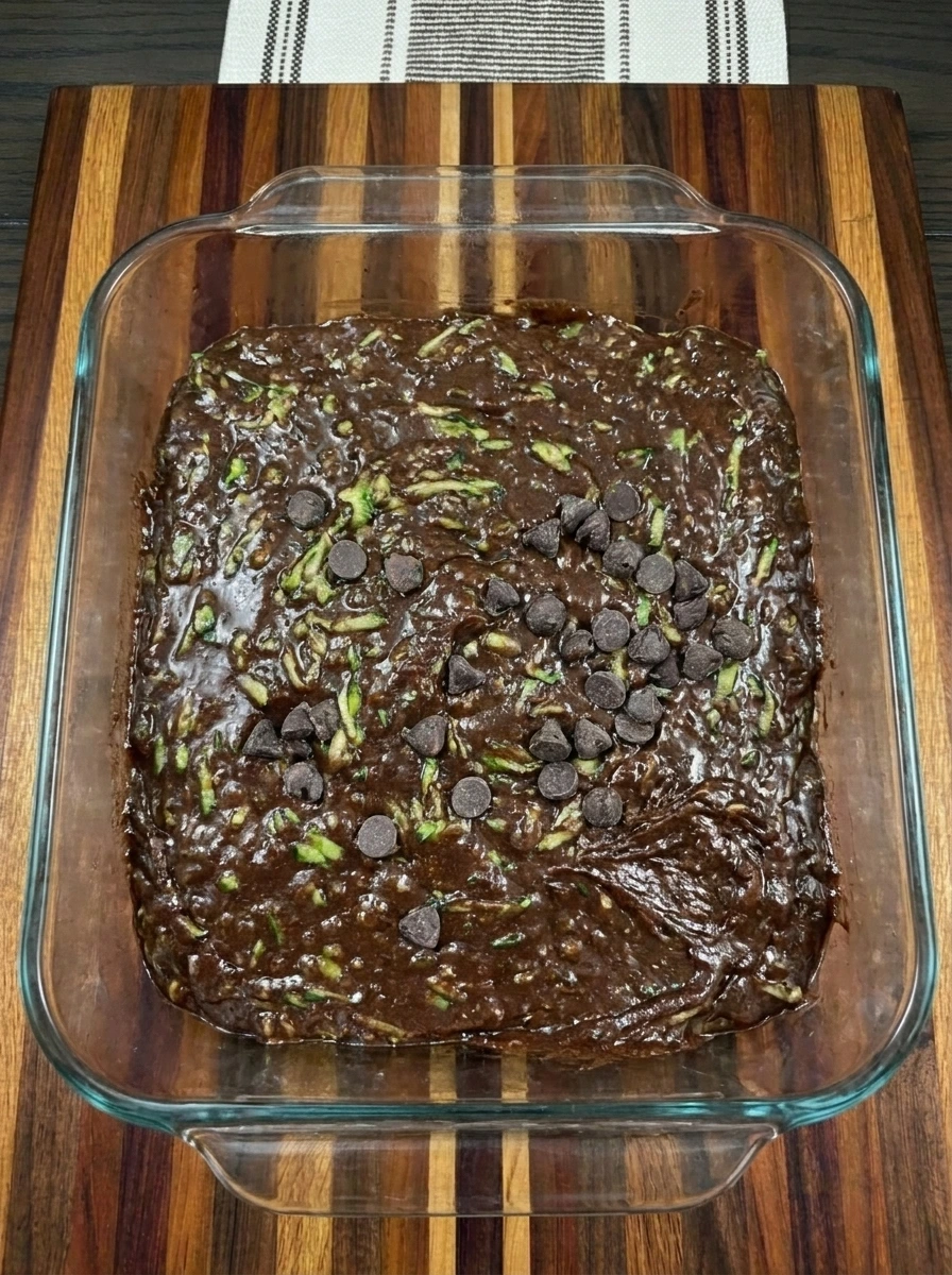 Zucchini Brownie batter spread in a square baking dish