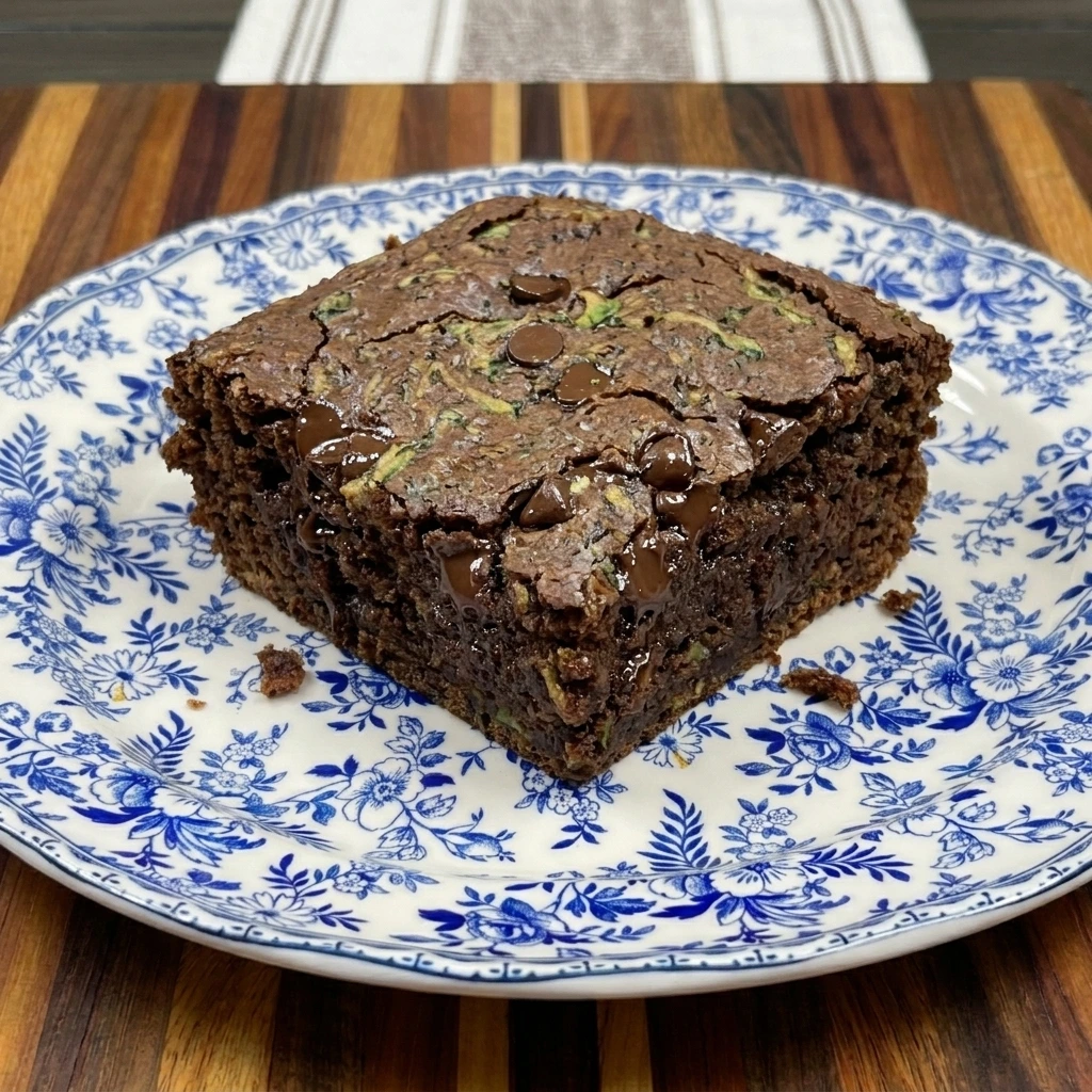Single fudgy Zucchini Brownie showing moist chocolate center