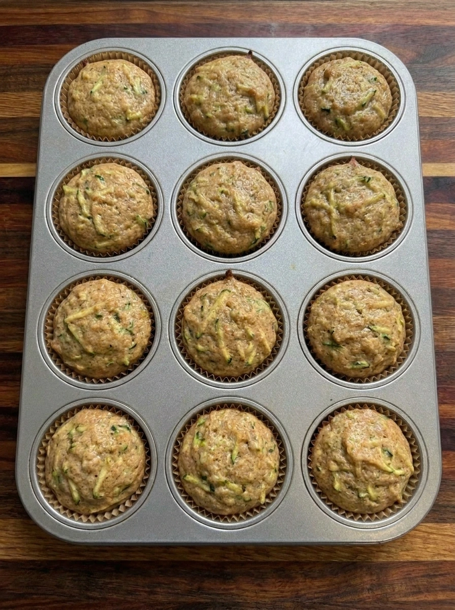 Twelve baked zucchini cupcakes with golden domed tops