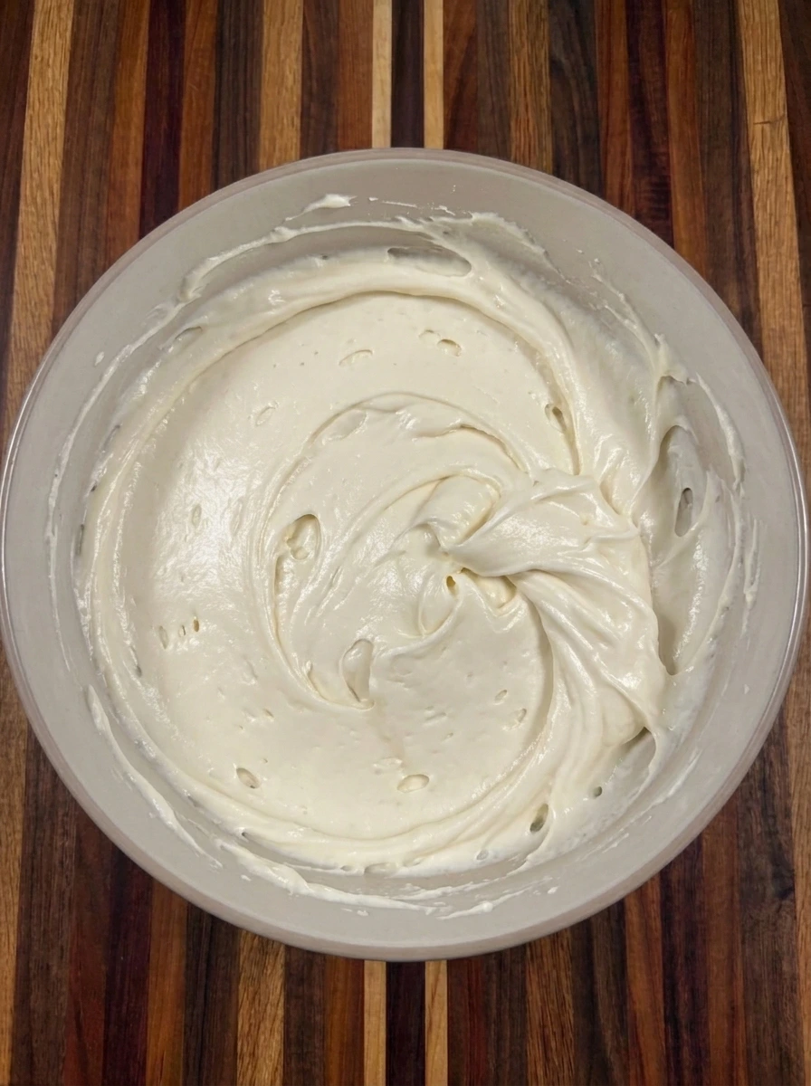 Thick homemade cream cheese frosting with soft swirls