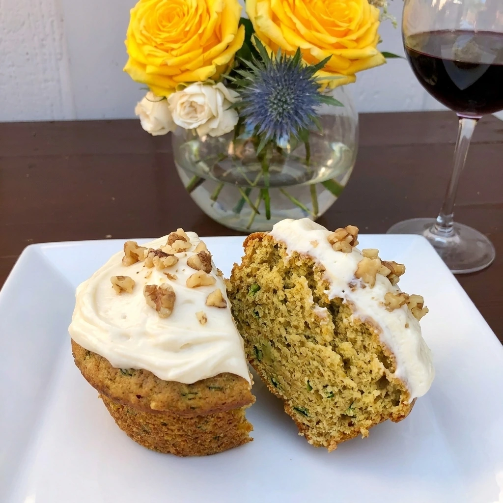 Cut zucchini cupcake showing moist crumb and cream cheese frosting