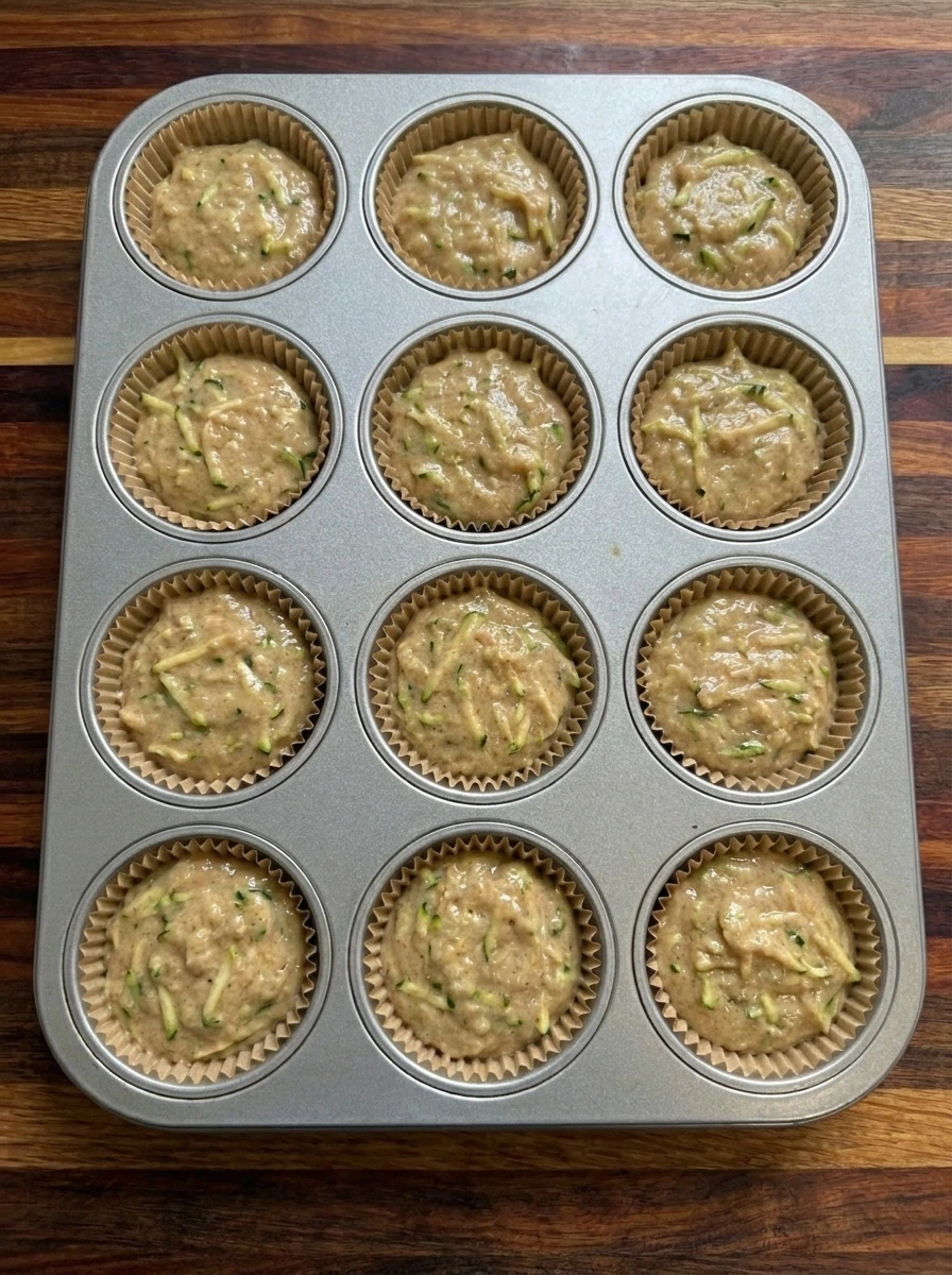 Twelve cupcake liners filled with zucchini batter