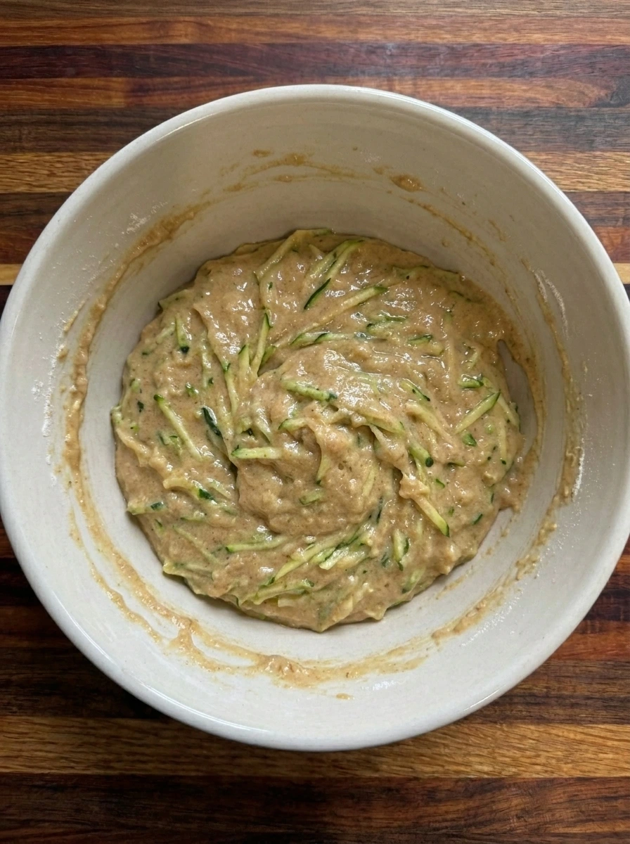 Spiced zucchini cupcake batter with visible green shreds
