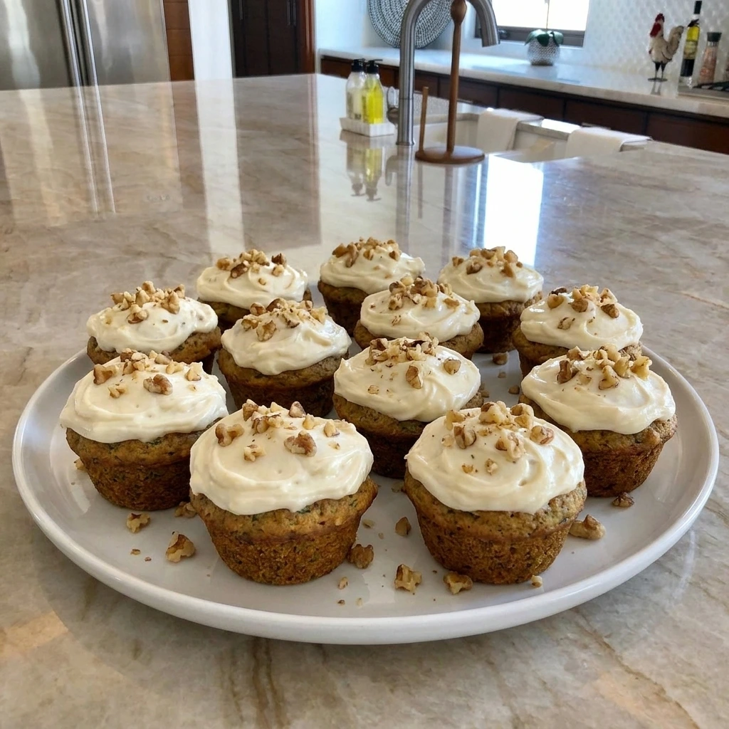 Zucchini Cupcakes with Cream Cheese Frosting topped with chopped walnuts