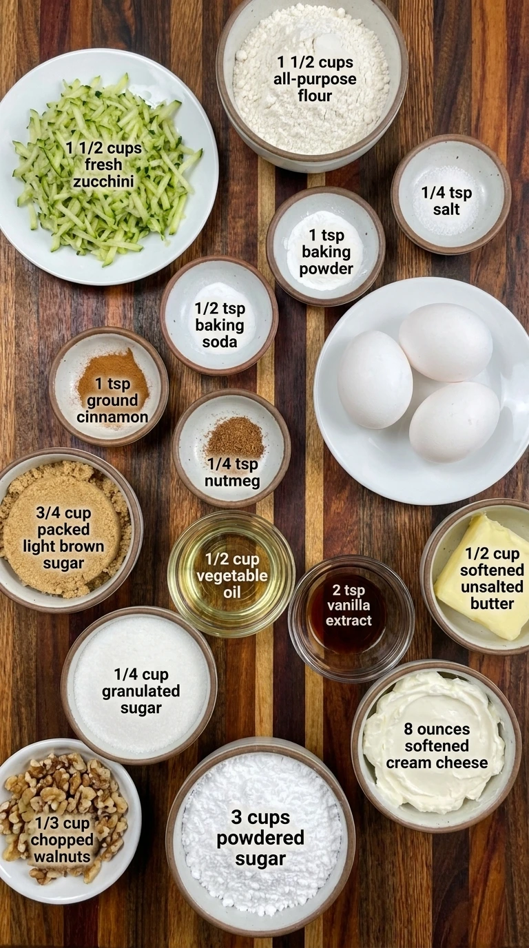 Ingredients for Zucchini Cupcakes with Cream Cheese Frosting in separate bowls