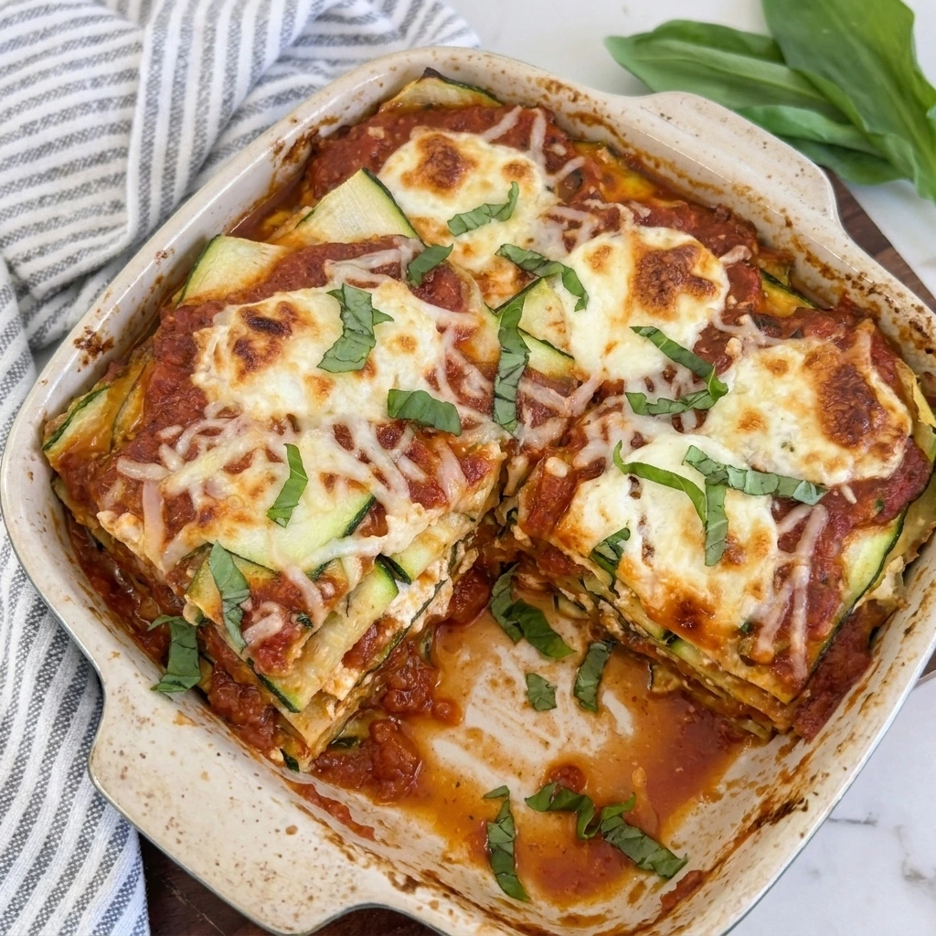 Homemade Zucchini Lasagna with turkey tomato sauce and melted cheese