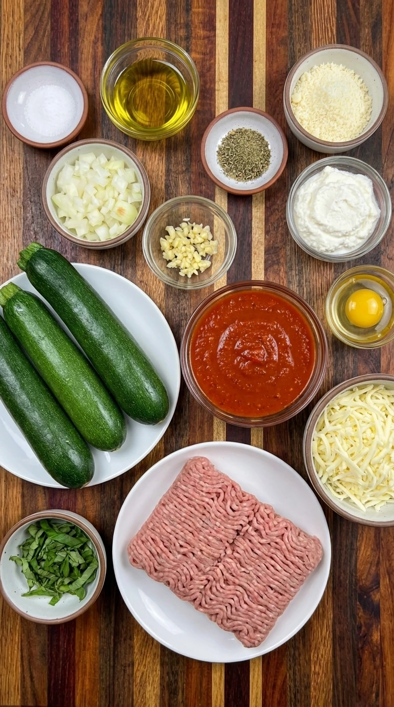 Raw ingredients for homemade Zucchini Lasagna in separate containers