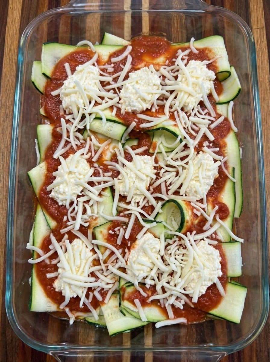 Zucchini Lasagna layered with turkey sauce and cheese before baking