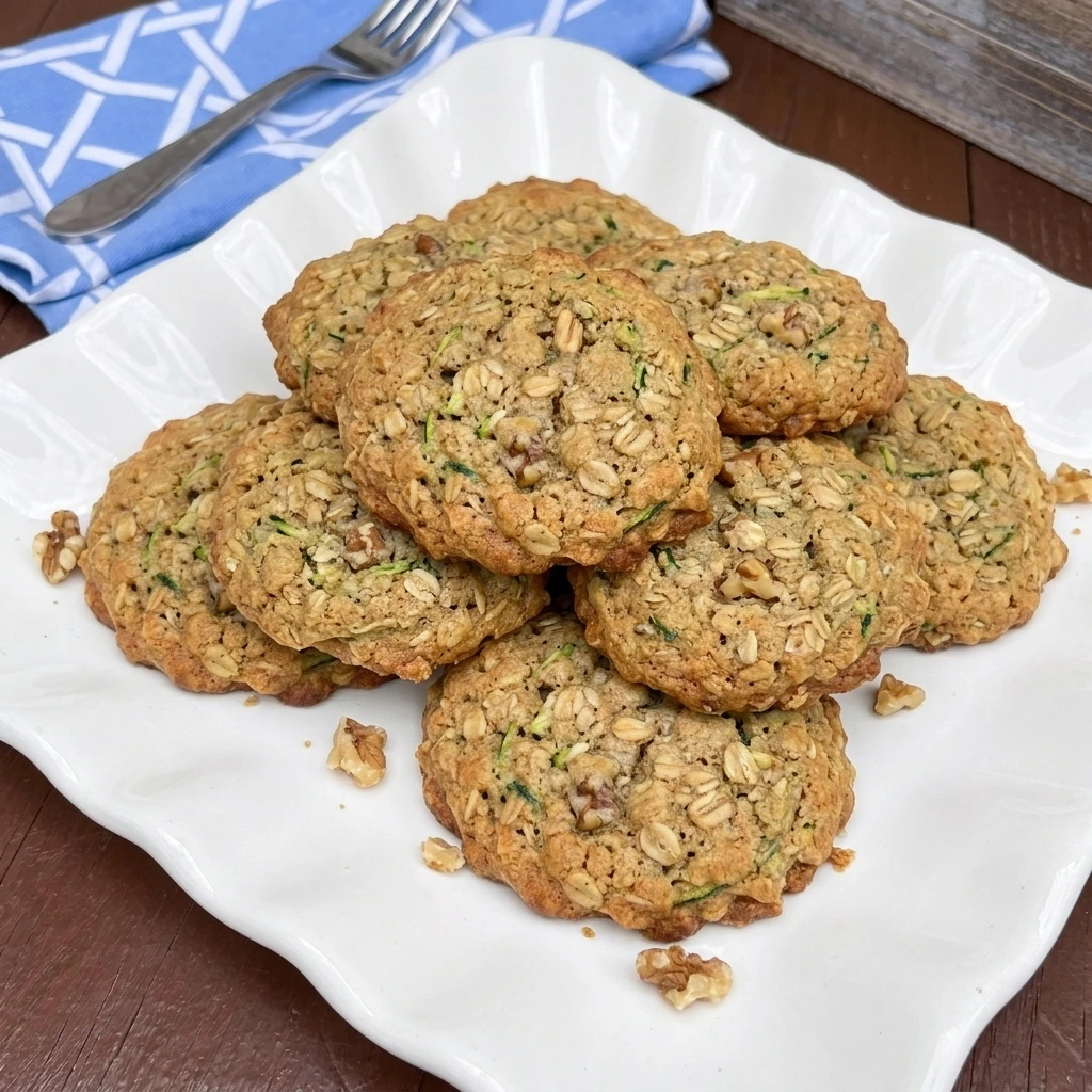 Freshly baked Zucchini Oatmeal Cookies with chewy oats and golden edges