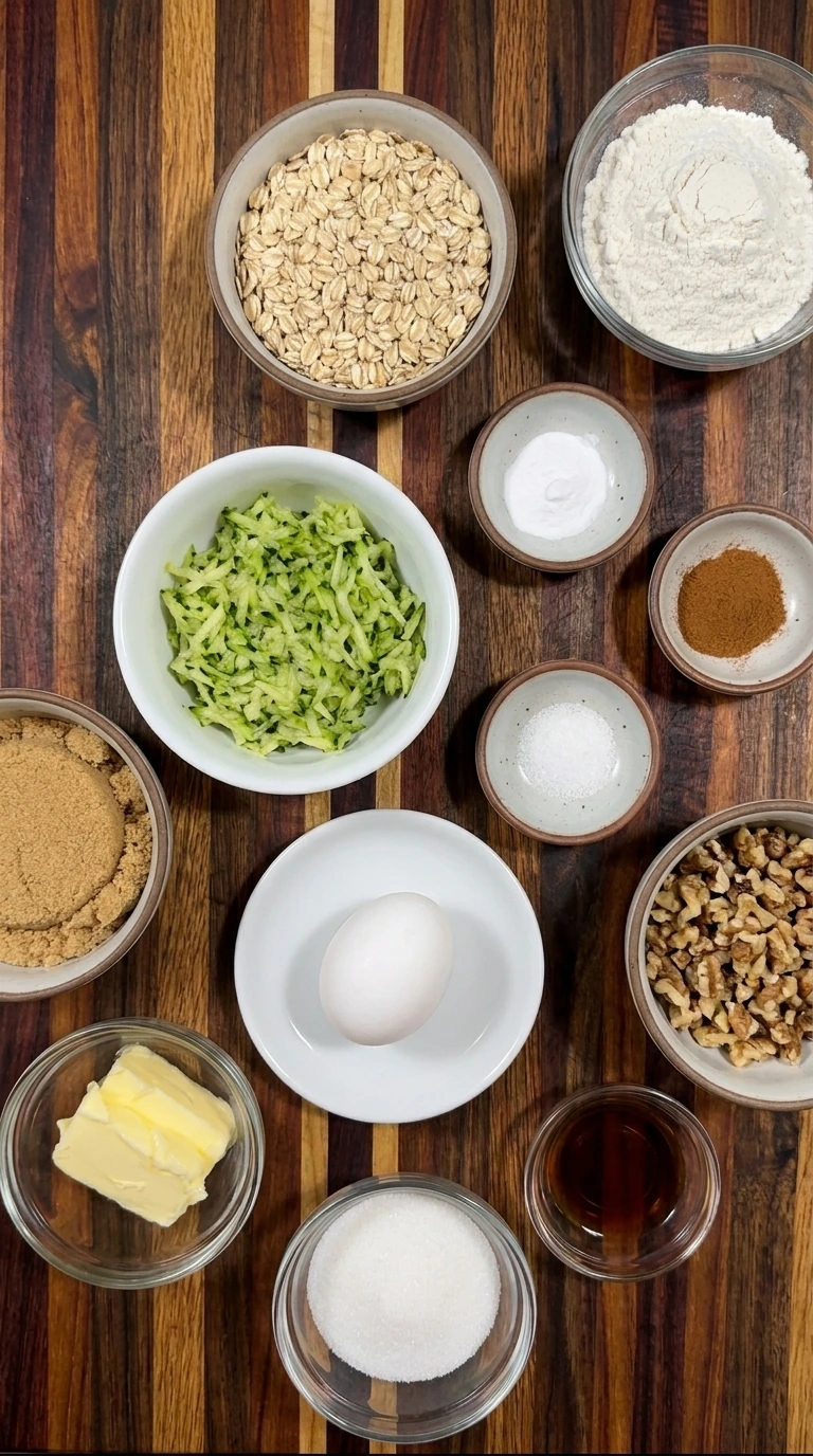 Ingredients for Zucchini Oatmeal Cookies arranged in separate bowls
