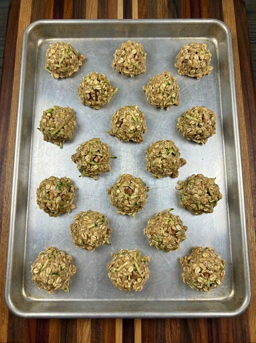 Sixteen scoops of Zucchini Oatmeal Cookies dough on a baking tray